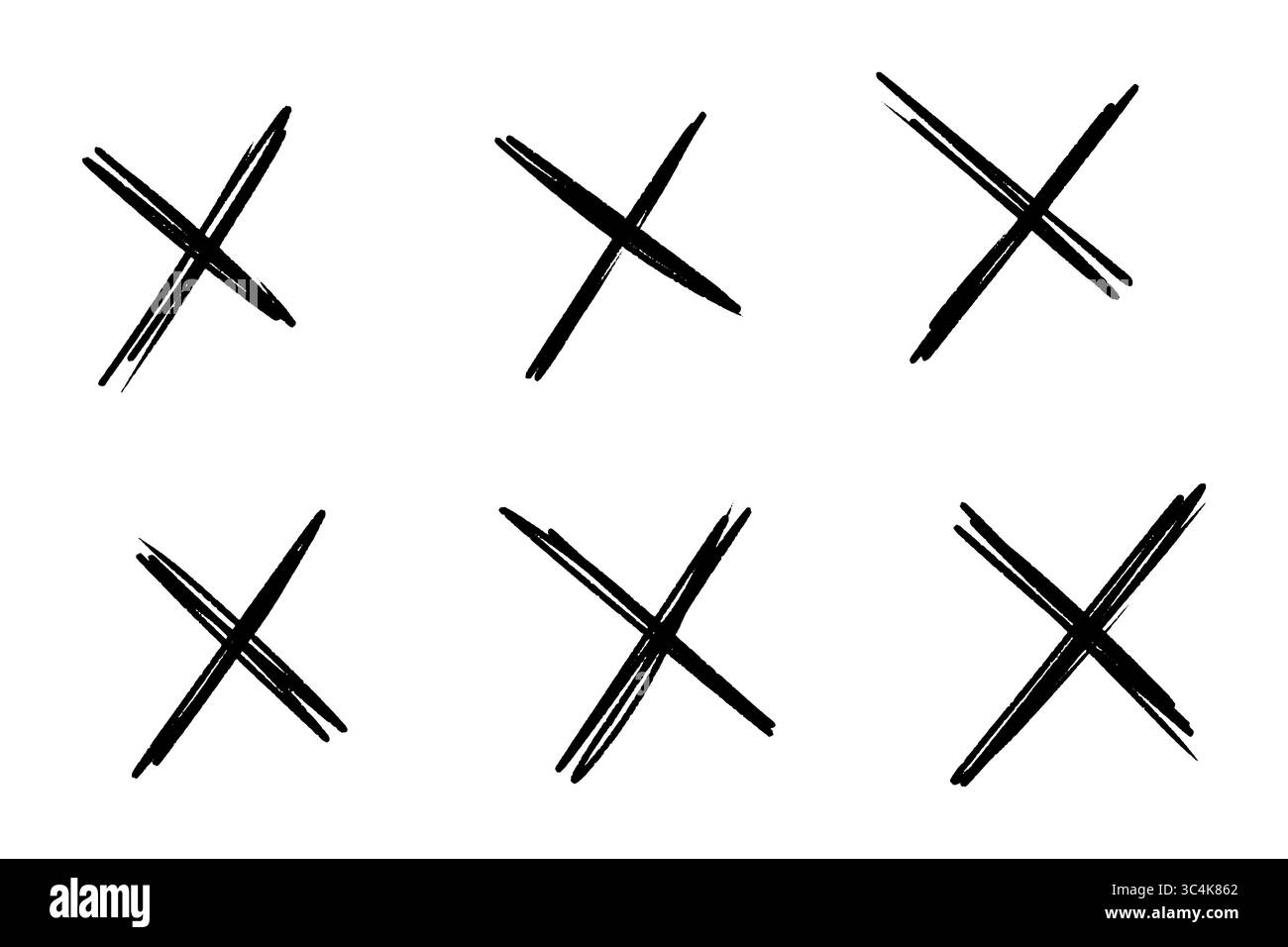 Handgezeichnetes schwarzes Kreuzmarkierungsset Abbruchsymbole, X-Symbole, falsche Zeichen auf transparentem Hintergrund, Cross Sign Doodle Illustartion PNG-Sammlung Stockfoto