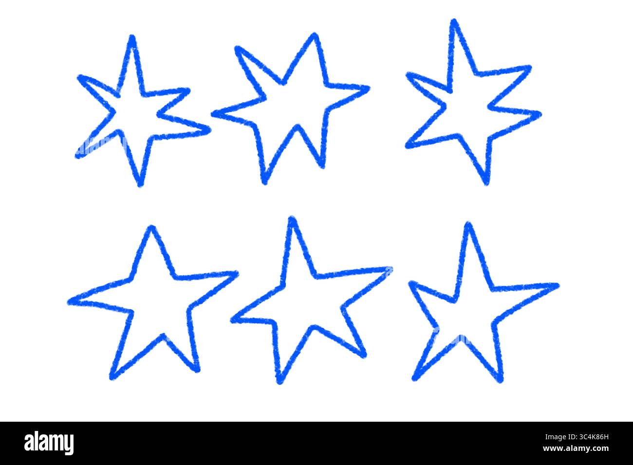 Handgezeichnete blaue Sternformen Set, Grunge Buntstift Doodle Stars, Star Outline Collection isoliert auf transparentem Hintergrund Stockfoto