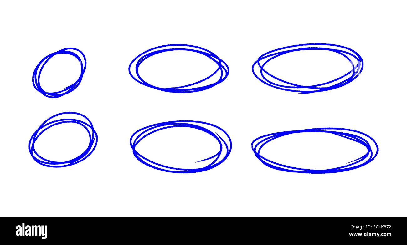 Handgezeichnete blaue Kreise und ovale Umrisse zum Hervorheben von Text, Sammlung von Kreisen kritzelnd, runde Kreise isoliert auf transparentem Hintergrund, ci Stockfoto
