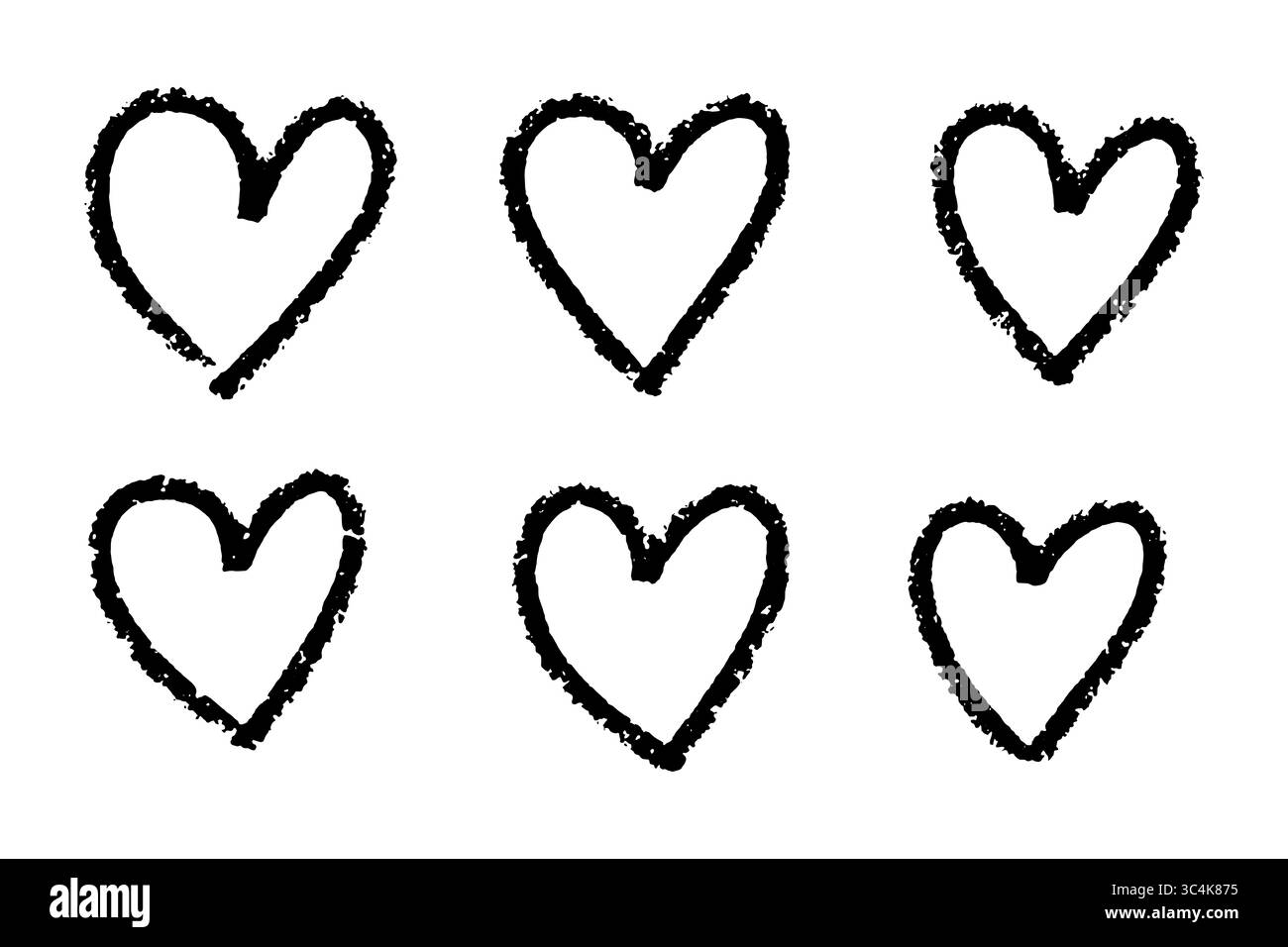 Handgezeichnetes schwarzes Herz-Outline-Set, Kreide-Doodle-Herzen für Kinder, Grunge-Stil-Kollektion isoliert auf transparentem Hintergrund Stockfoto