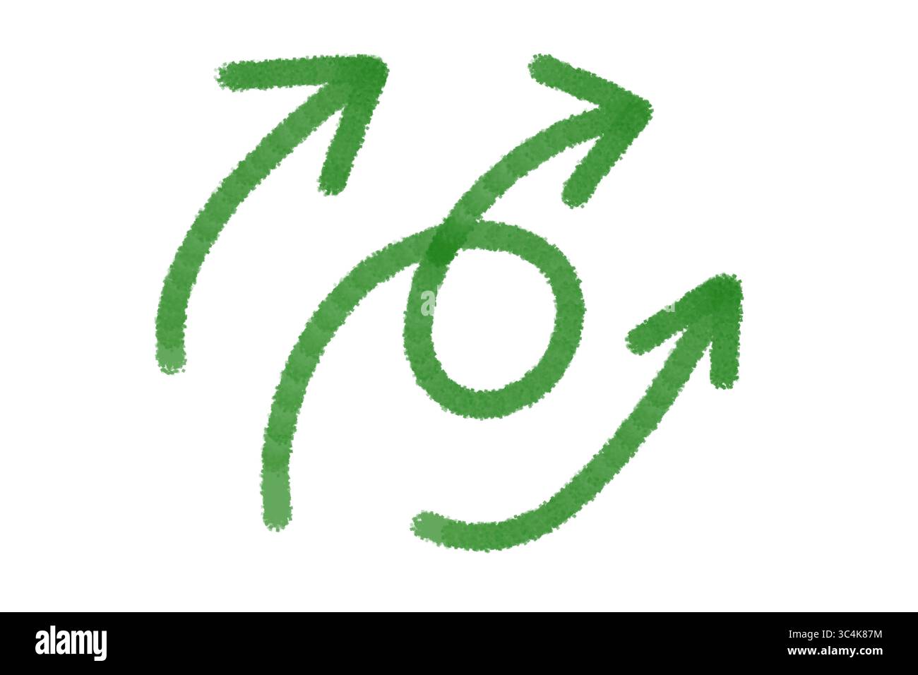 Handgemalte grüne Pfeile Set, gebogene Pinselpfeil Symbole, Grunge Buntstift Stil, Aquarell Touch, PNG Clipart auf transparentem Hintergrund Stockfoto