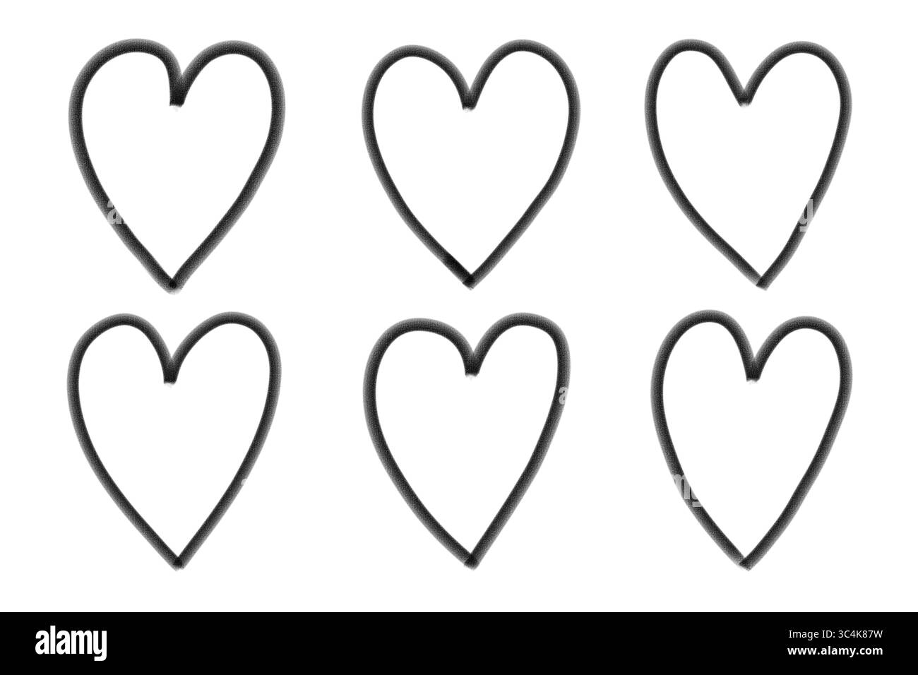 Hand gezeichnet Schwarz Herz Doodle Symbol Set Liebe Symbole und Kreide Grunge Herzen isoliert auf transparentem Hintergrund, PNG Illustration Collection Stockfoto
