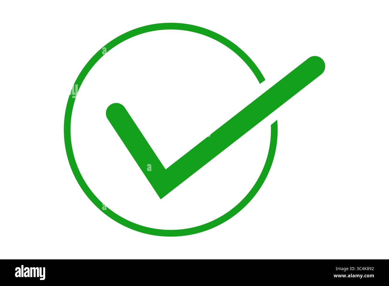 Grünes Häkchen im Kreis, OK Check Symbol, Vektorsymbol isoliert auf transparentem Hintergrund Stockfoto