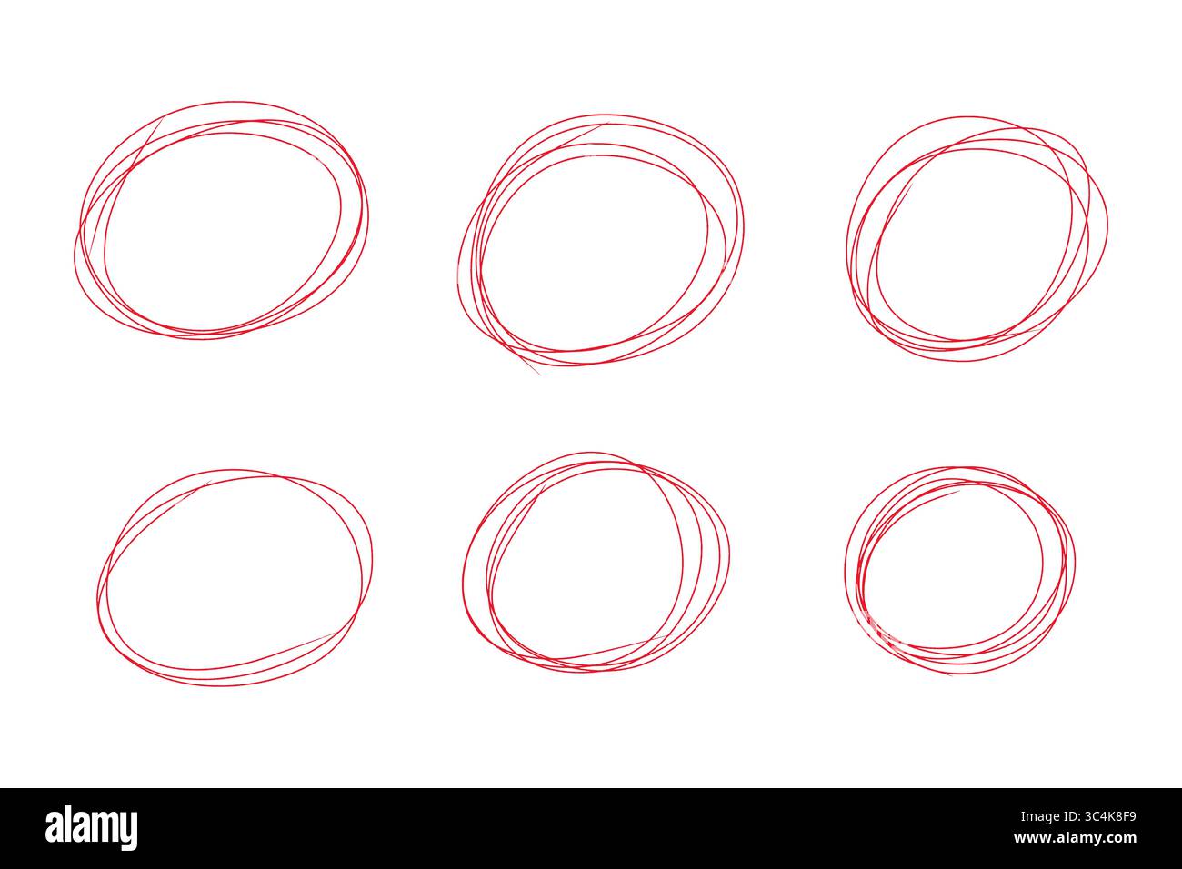 Rote Markierungskreise und ovale, handgezeichnete Highlight Shapes PNG Collection auf transparentem Hintergrund Stockfoto