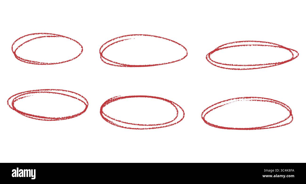 Handgezeichnete rote Kreise und Oval Set, hervorheben Doodle PNG, isoliert auf transparentem Hintergrund Stockfoto