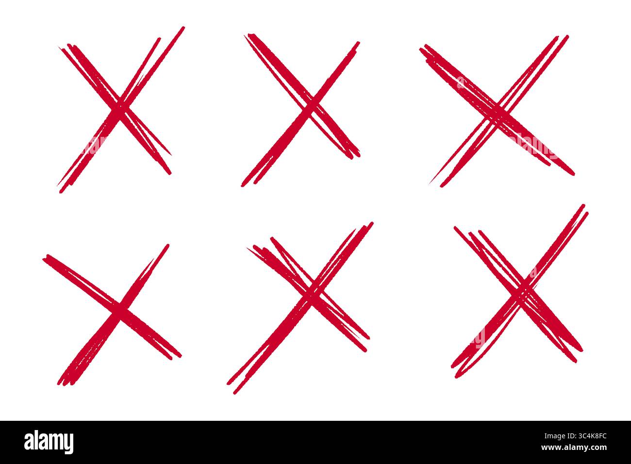 Handgezeichnete Symbole des Roten Kreuzes, X-Markierungen und Abbruchsymbole in Kreide- und Buntstift-Doodle-Stil auf transparentem Hintergrund Stockfoto