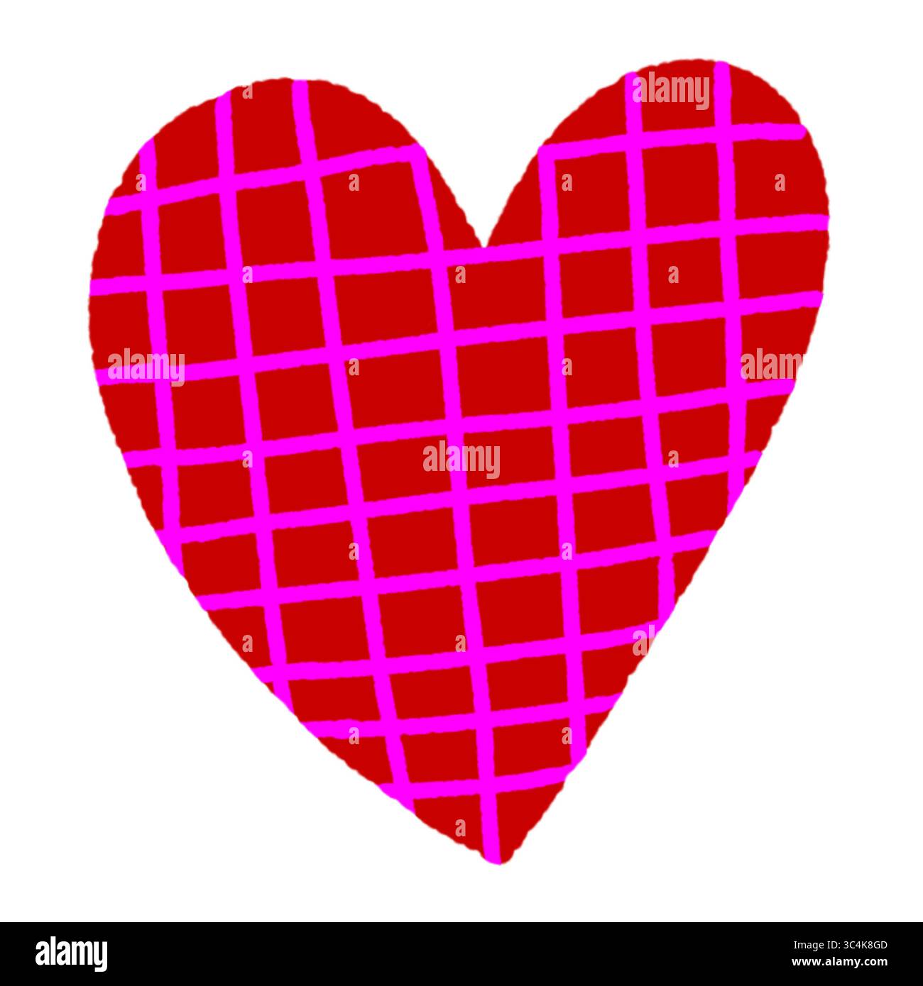 Handgezeichnetes rotes Herz mit rosa Streifen, Doodle Love Symbol, isoliert auf transparentem Hintergrund Stockfoto