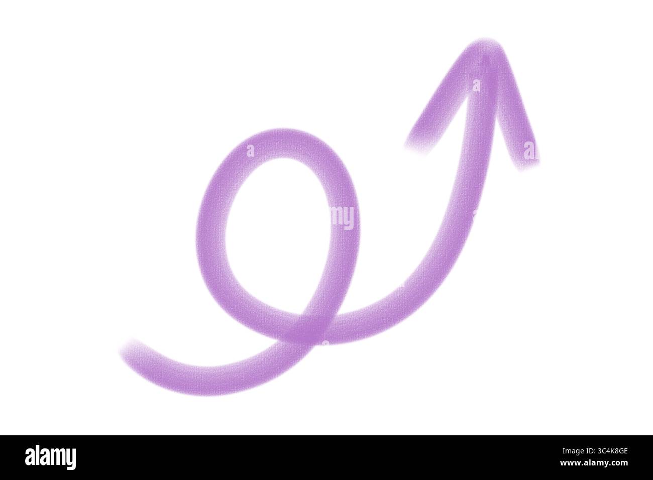 Handgezeichneter lila Pfeil mit Buntstift-Pinsel, Grunge-Textur, isoliert auf transparentem Hintergrund Stockfoto