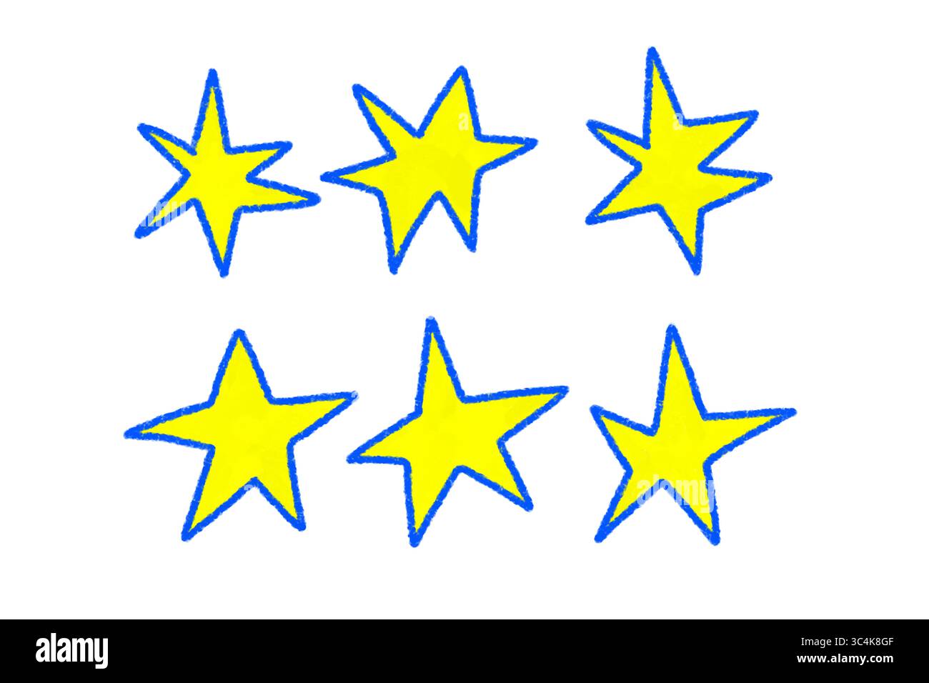Handgezeichneter gelber Stern mit blauer Umrandung, Grunge Buntstift Doodle Stars Collection, PNG auf transparentem Hintergrund Stockfoto