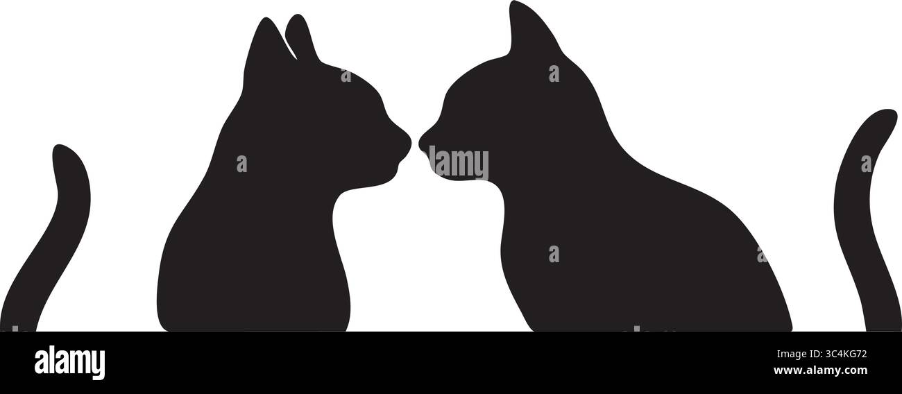 Schwarze Silhouetten von zwei Katzen, die sich gegenüberstehen, mit Schwänzen, isoliert auf weißem Hintergrund. Konzept von Haustier, süßes Kätzchen, Haustier, Icon, Design e Stock Vektor