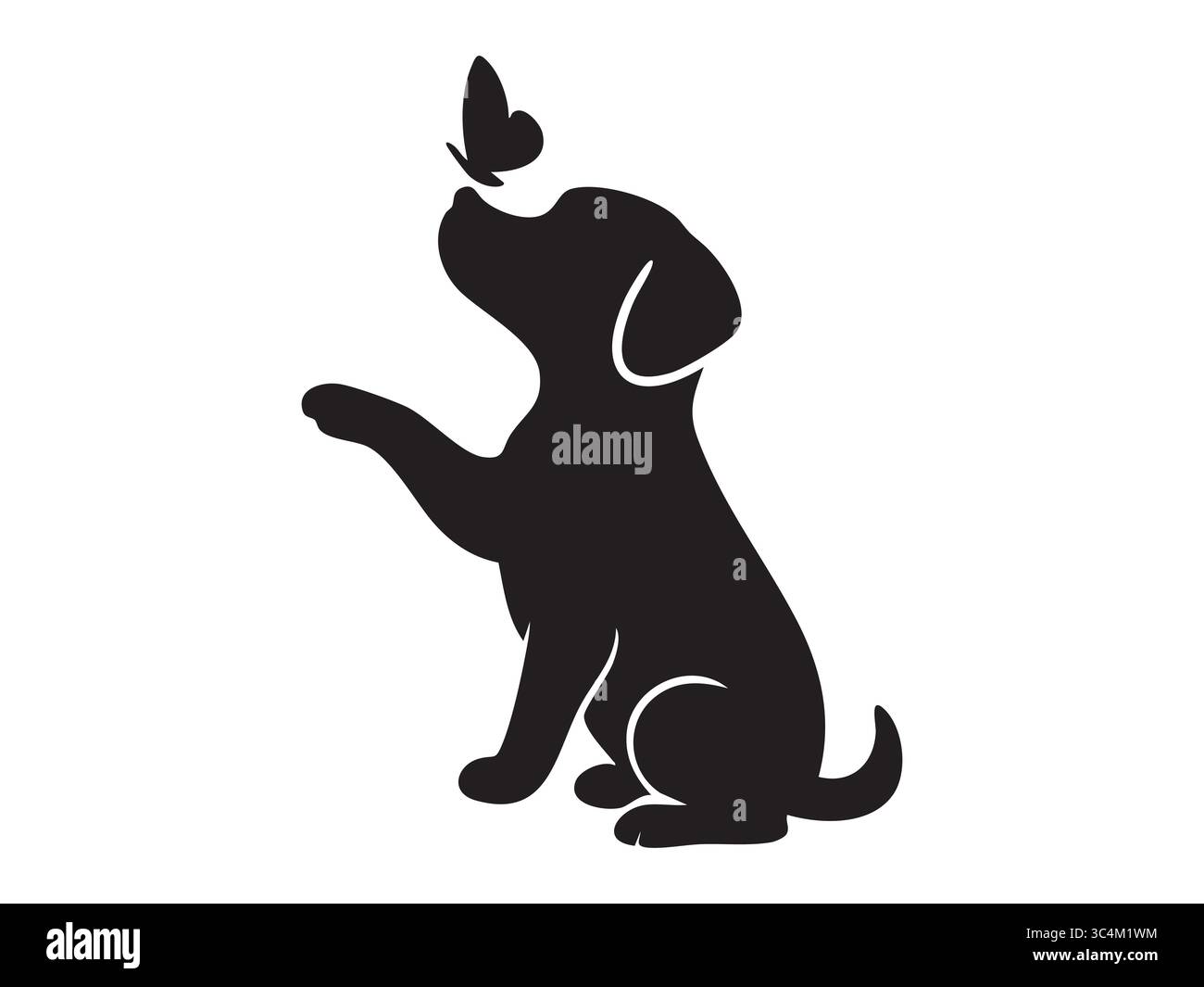 Schwarze Silhouette des Hundes, der mit Schmetterling spielt, isoliert auf weißem Hintergrund, grafische Illustration. Konzept von Haustier, spielerischer Welpe, Haustier, na Stock Vektor
