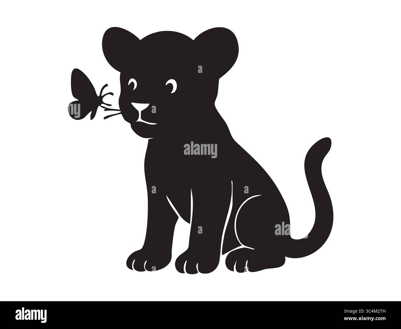 Schwarze Silhouette des Löwenjungen mit Schmetterling, isoliert auf weißem Hintergrund, grafische Illustration. Konzept der Tierwelt, Naturikone, Tierreich, pla Stock Vektor