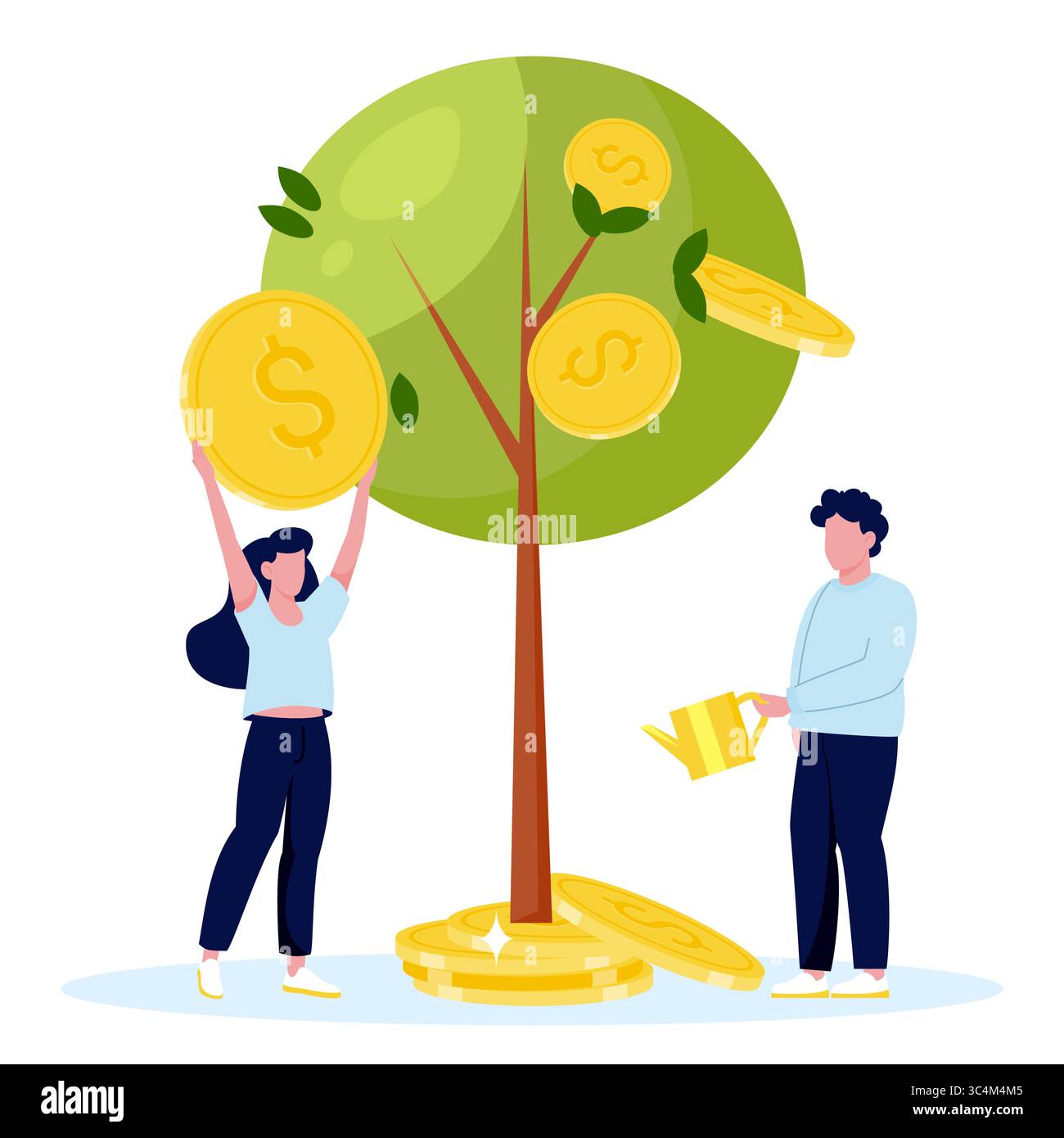 Geschäftskonzept für Investitionen, passive Einkünfte, Geldeinsparungen und Finanzwachstum. Vektor flache Karikaturillustration von Menschen mit Geld Wasser Baum Stock Vektor