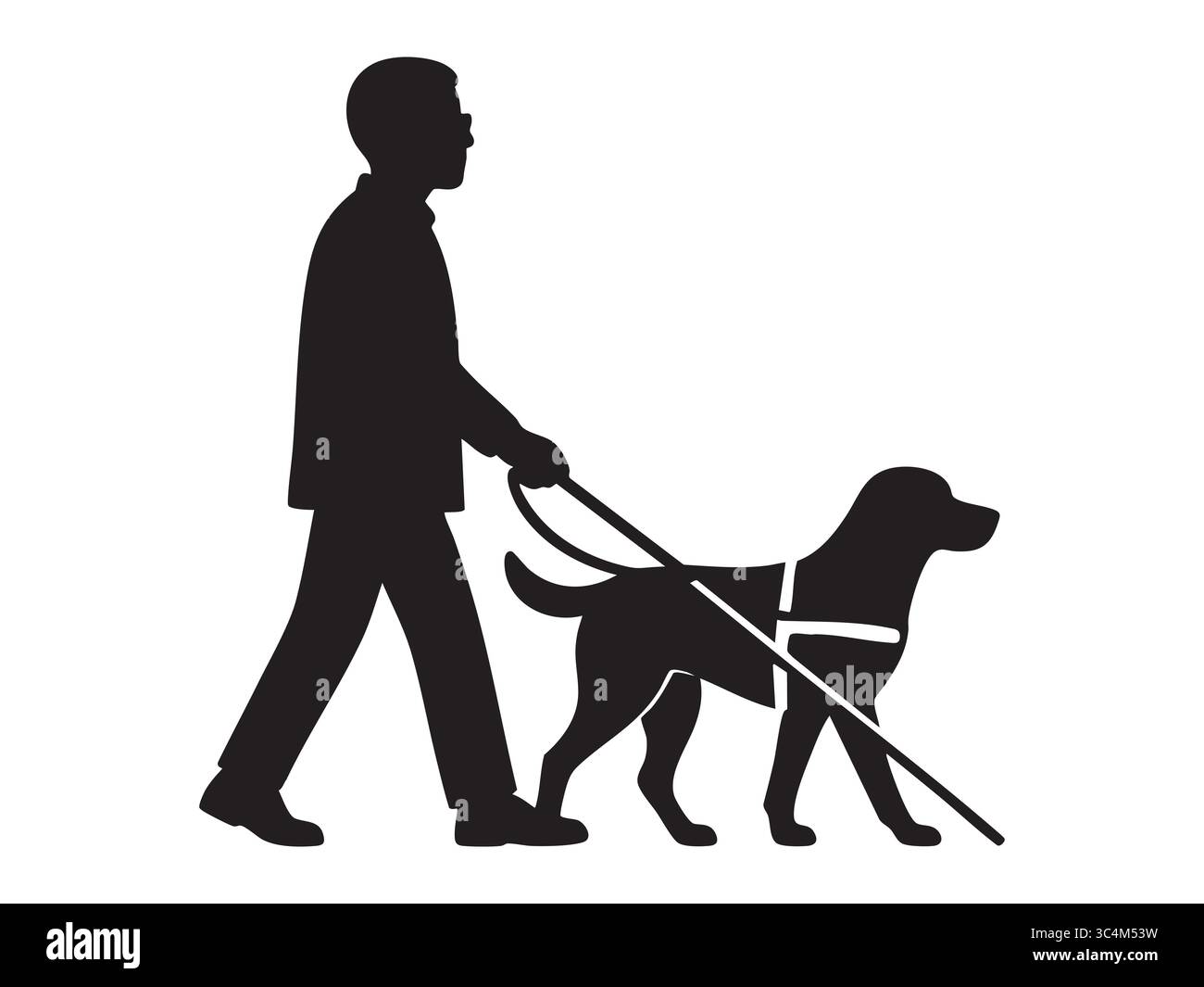 Schwarze Silhouette eines blinden Mannes, der mit Blindenhund auf weißem Hintergrund läuft, grafische Illustration. Begriff der Behinderung, Diensttier, visuell Stock Vektor