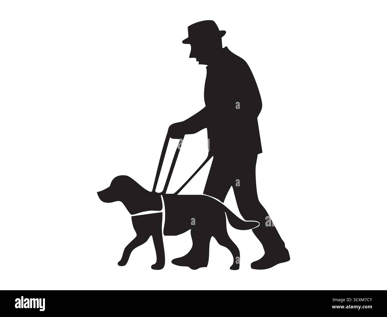 Schwarze Silhouette eines Blinden mit Behinderung und Blindenhund, isoliert auf weißem Hintergrund, grafische Illustration. Konzept der Unterstützung, Integration, Stock Vektor