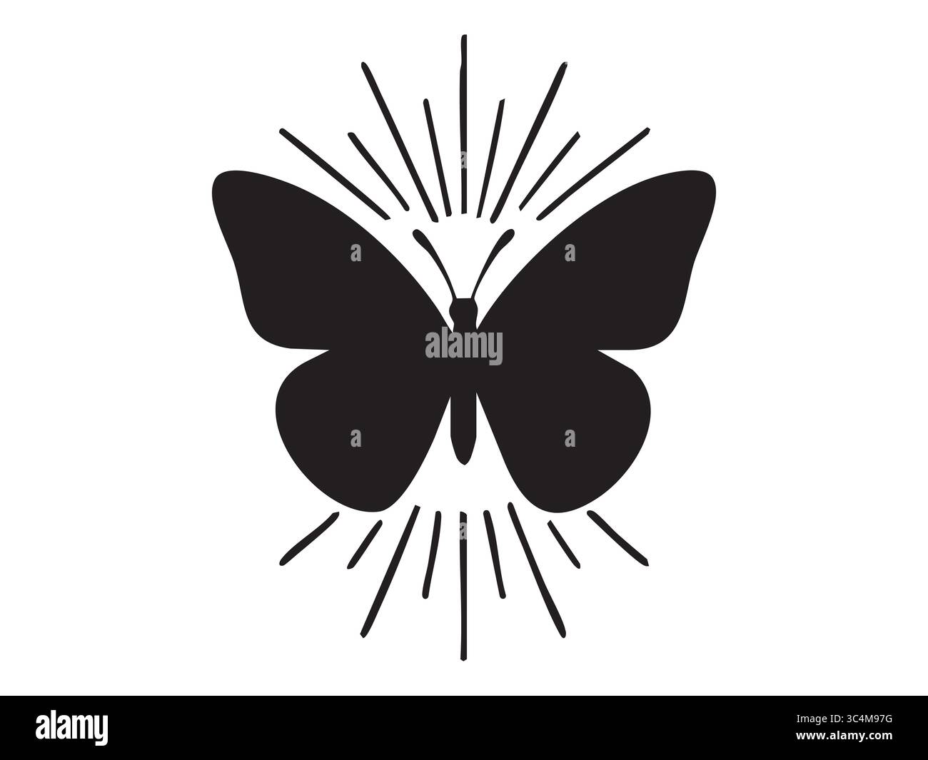Schwarze Silhouette des Schmetterlings mit strahlenden Lichtstrahlen, isoliert auf weißem Hintergrund, grafische Illustration. Begriff der Transformation, Hoffnung, Aufklärung Stock Vektor