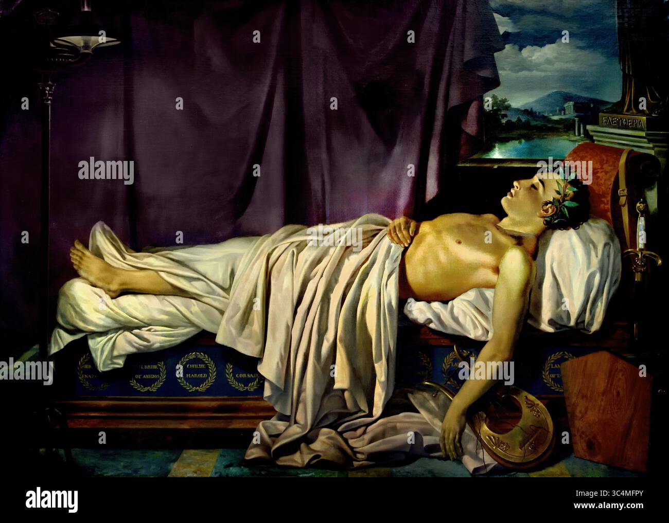 Lord Byron on His Death Bed, 1826, 19. Jahrhundert von Joseph Denis Odevaere. Groeningemuseum, Stadtmuseum, Brügge, Belgien, Lord Byron (* 22. Januar 1788 in London, England; gestorben am 19. April 1824; Missolonghi, Griechenland) war ein britischer Romantiker und Satiriker, dessen Poesie und Persönlichkeit die Fantasie Europas beflügelte. Bekannt als „düsterer Egoist“ seines autobiografischen Gedichts Childe Harold’s Pilgrimage (1812–18) im 19. Jahrhundert, wird er heute allgemein für den satirischen Realismus von Don Juan (1819–24) geschätzt. Stockfoto