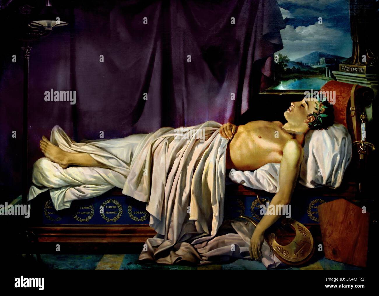 Lord Byron on His Death Bed, 1826, 19. Jahrhundert von Joseph Denis Odevaere. Groeningemuseum, Stadtmuseum, Brügge, Belgien, Lord Byron (* 22. Januar 1788 in London, England; gestorben am 19. April 1824; Missolonghi, Griechenland) war ein britischer Romantiker und Satiriker, dessen Poesie und Persönlichkeit die Fantasie Europas beflügelte. Bekannt als „düsterer Egoist“ seines autobiografischen Gedichts Childe Harold’s Pilgrimage (1812–18) im 19. Jahrhundert, wird er heute allgemein für den satirischen Realismus von Don Juan (1819–24) geschätzt. Stockfoto