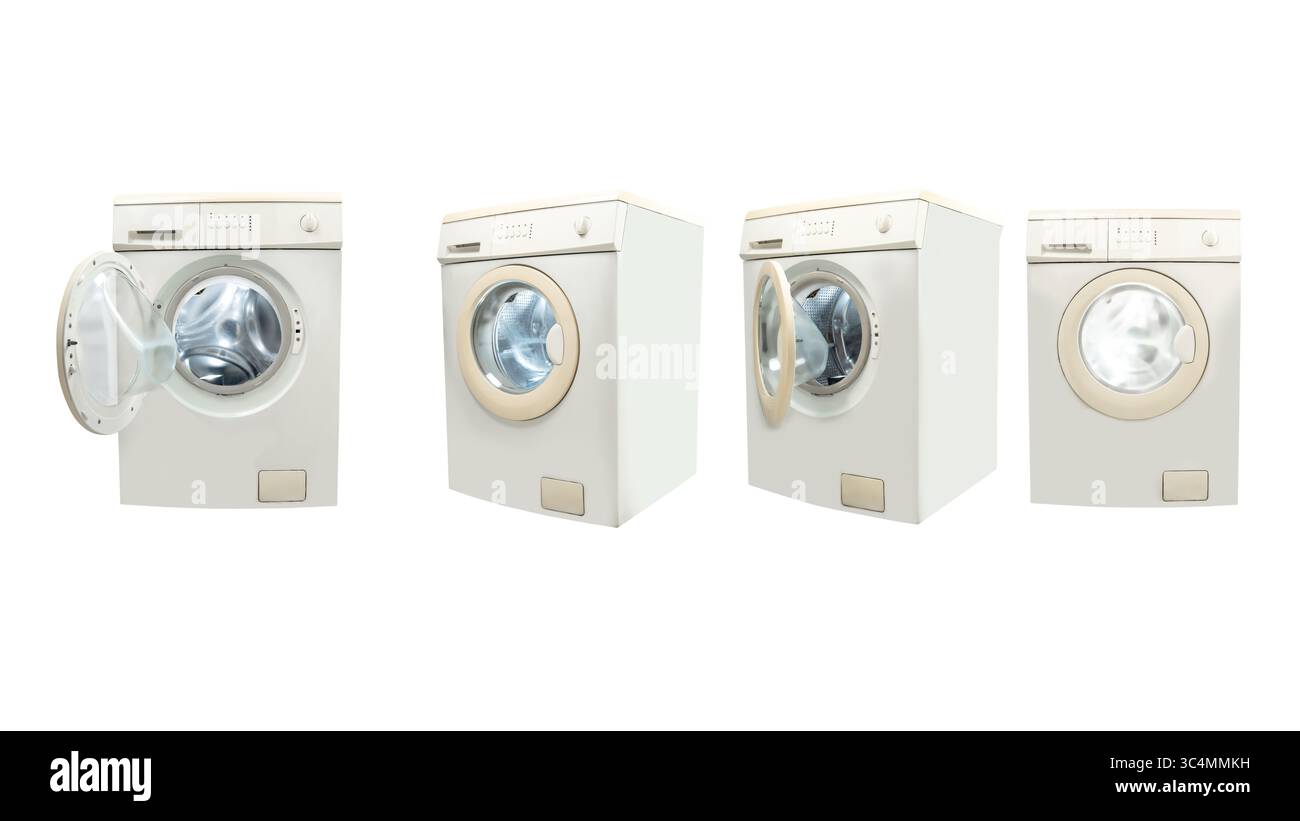 Set einer Waschmaschine mit einem anderen Blickwinkel, isoliert auf einem weißen Hintergrund. Haushaltsgerät Stockfoto