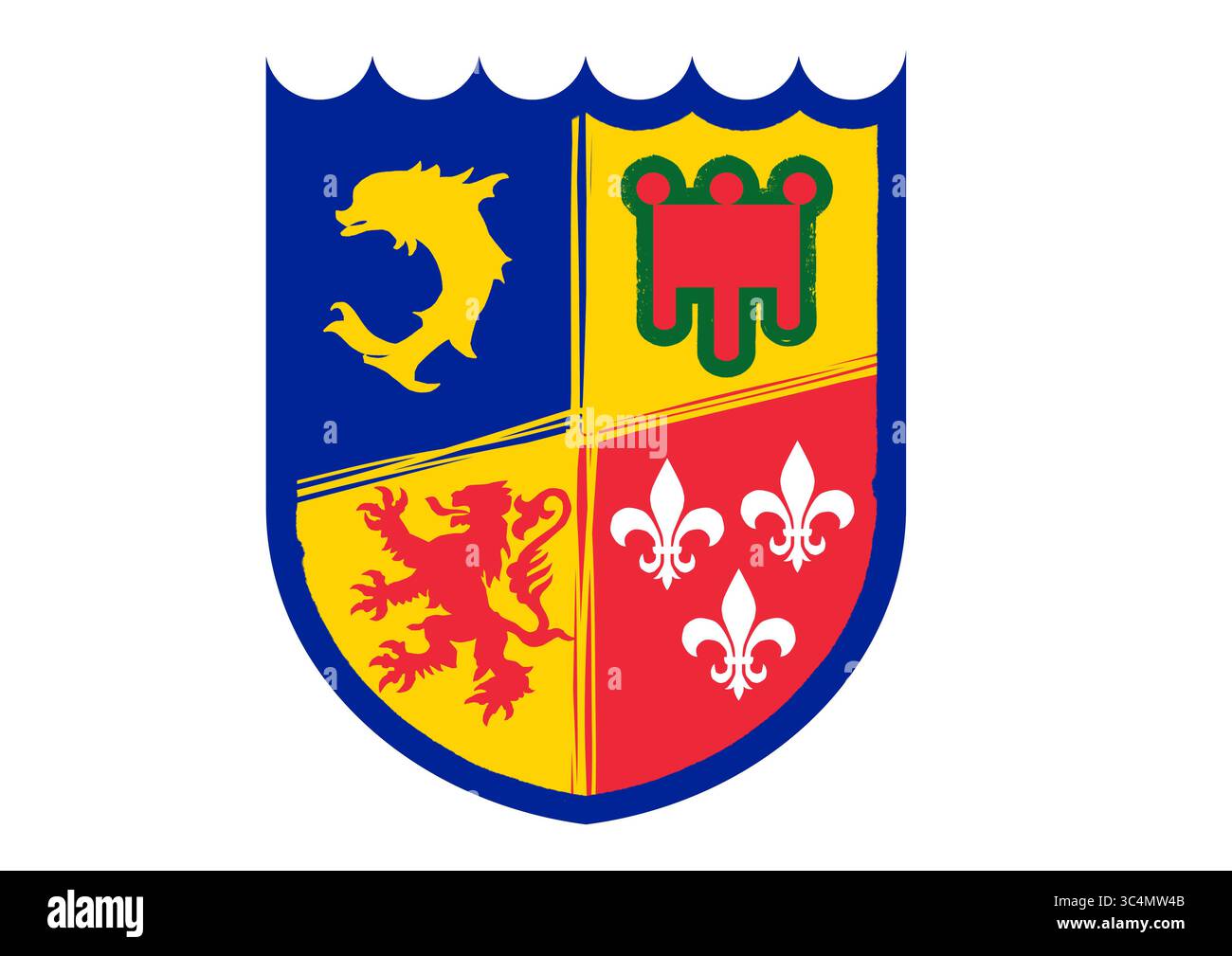 Flache Vektor-Illustration des Wappens der Auvergne-Rhône-Alpes, Frankreich – modernes Emblem, das historische Regionen und das kulturelle Erbe vereint Stockfoto