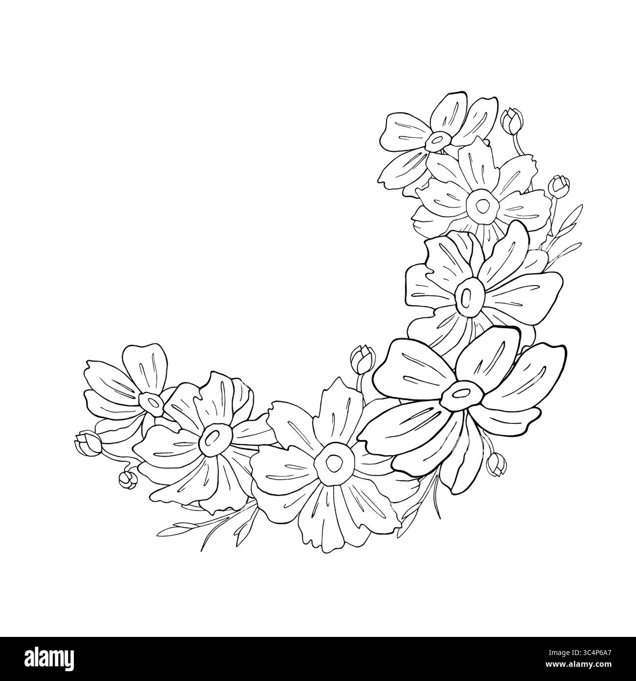 Ein halber Kranz aus Blumen der japanischen Anemone im grafischen Stil. Rahmen, Vorlagenvektor handgezeichnete Illustration, Strichgrafik mit weißem Hintergrund für Logo Stock Vektor