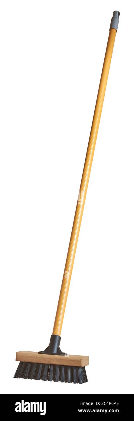 Scheuerbesen mit Holzkopf und schwarzen Borsten isolierter weißer Hintergrund, Modell-Vorlage des Reinigungsprodukts, Haushaltsführung Thema Stockfoto