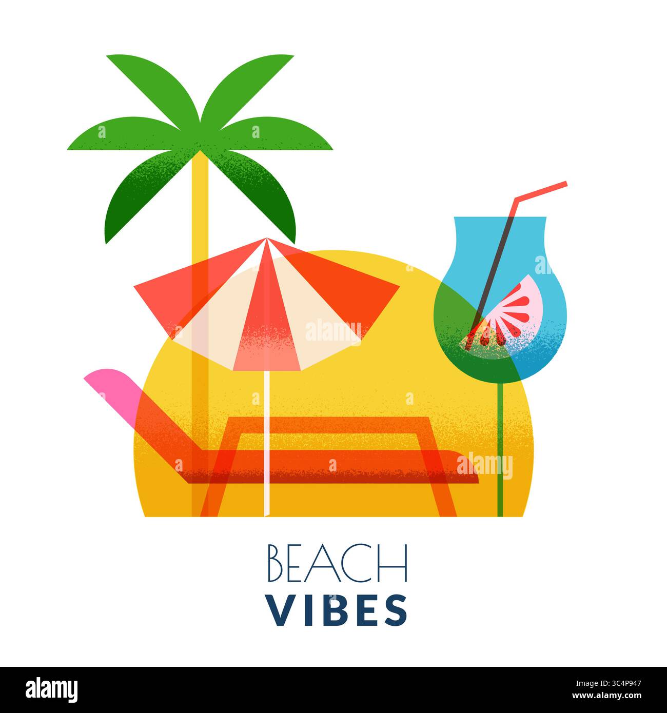 Vektor-Illustration für Strandurlaub. Palme, Cocktail, Sonnenschirm und Chaiselongue auf sonnigem Hintergrund. Sommerferien Banner, Poster, tropisches Resort Stock Vektor