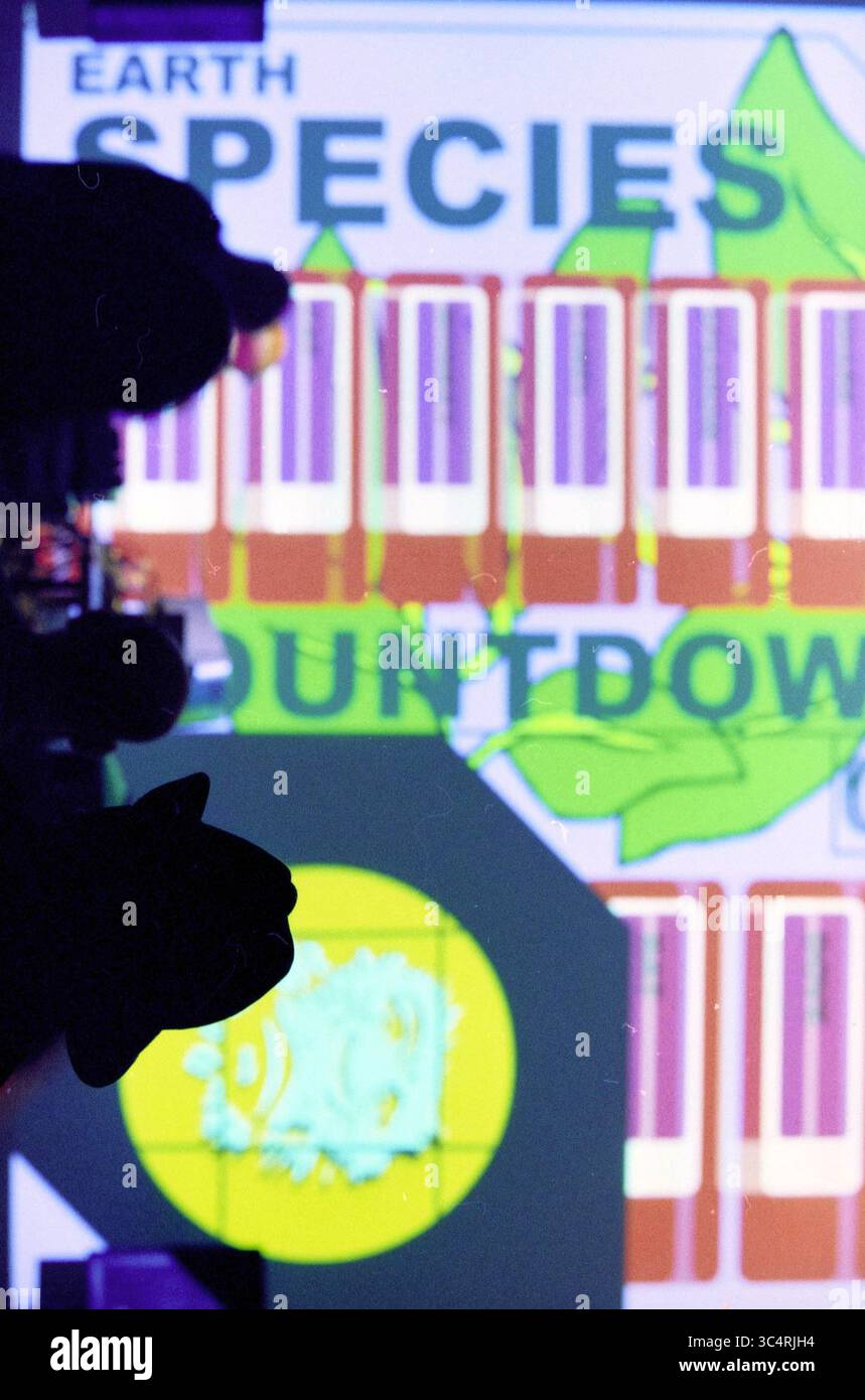 VJ Festival, Nieuwe Vide, Haarlem, Niederlande, 10-01-2003 Whizgle News, Dutch Desk, Niederlande, 1950-2000 Ein farbenfrohes Display mit den Worten „Countdown der Erdspezies“ sowie verschiedenen skurrilen Grafiken, mit Silhouetten von Menschen im Vordergrund, die eine dynamische Mischung aus Kunst und Bewusstsein schaffen. Stockfoto