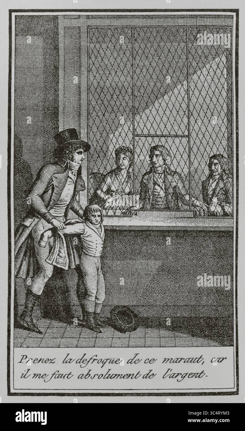 Frankreich. "Prenez la defroque de ce maraut, Car il me faut absolument de l'argent" (nehmt die Kleider dieses Schurken, denn ich brauche dringend Geld). Illustration aus „Le Prêteur sur gages ou l'Intérieur des maisons de prêts“ von Joseph de Rosny (1771-1814) aus dem Jahr 1798, die die Welt der Pfandhändler und Geldgeber erforscht und eine kritische und historische Perspektive dieses Finanzsystems bietet. Zeichnung von Louis Binet. Stich von Edme Bovinet (1767-1843). Direktorin, Konsulat und Reich. Moeurs et Usages, Lettres, Sciences et Arts. Frankreich, 1795-1815“ (Verzeichnis, Konsulat und Reich von Stockfoto