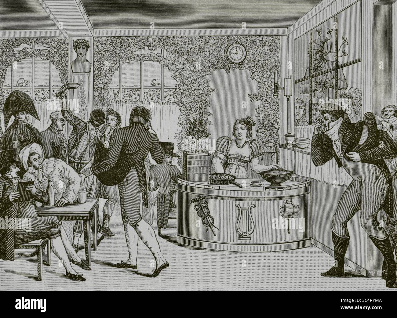 Paris, Frankreich. Das "Café du Bosquet", während der Zeit des Verzeichnisses. Es liegt an der Rue Saint-Honoré und war ein beliebter Treffpunkt, besonders bekannt für die Schönheit seiner „Limonadière“ (Limonadenverkäufer). Stich von Huyot. Direktorin, Konsulat und Reich. Moeurs et Usages, Lettres, Sciences et Arts. France, 1795-1815“ (Direktorium, Konsulat und das Reich von Frankreich. Bräuche und Traditionen, Briefe, Wissenschaften und Künste. Frankreich, 1795-1815), von Paul Lacroix. Veröffentlicht in Paris, 1884. Stockfoto