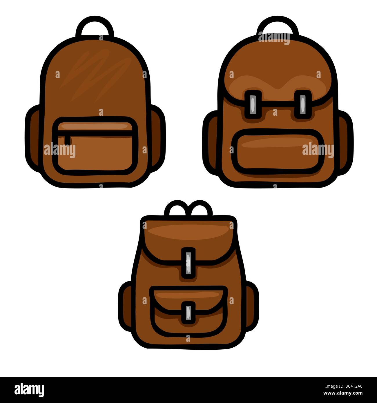 Sammlung von drei Vektor-Illustrationen von braunen Rucksäcken mit verschiedenen Designs, die verschiedene Stile und Details für Reisen oder Schulgeschenke zeigen Stock Vektor