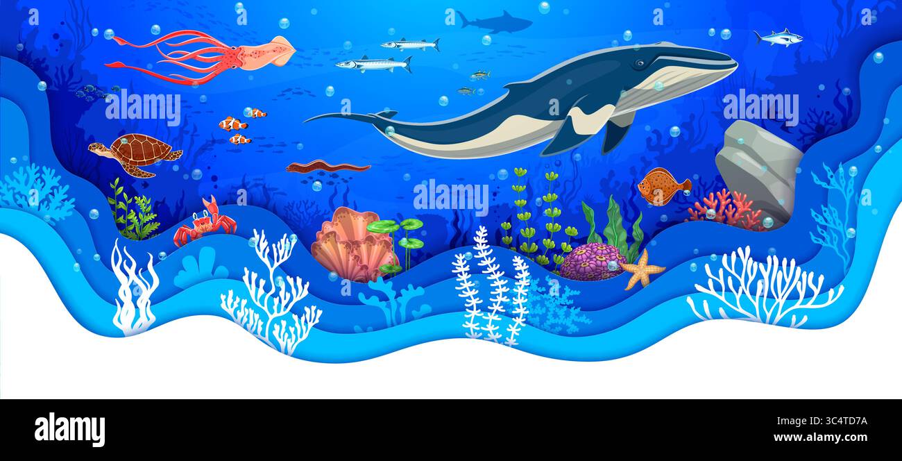 Papier geschnittene Unterwasserlandschaft mit Riesenwalen und Algen, Vektormeeren und Fischen. Lustige Schildkröten, Seesterne und Krabben mit Tintenfischen in papiergeschnittenen Korallenriffen unter Wasser Stock Vektor