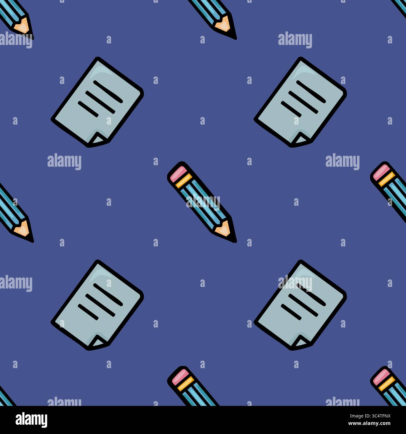 Nahtloses Vektormuster mit einem verspielten Design aus blauen Bleistiften und hellblauen Papieren auf tiefem Indigo-Hintergrund für eine lebendige und fröhliche Atmosphäre Stock Vektor
