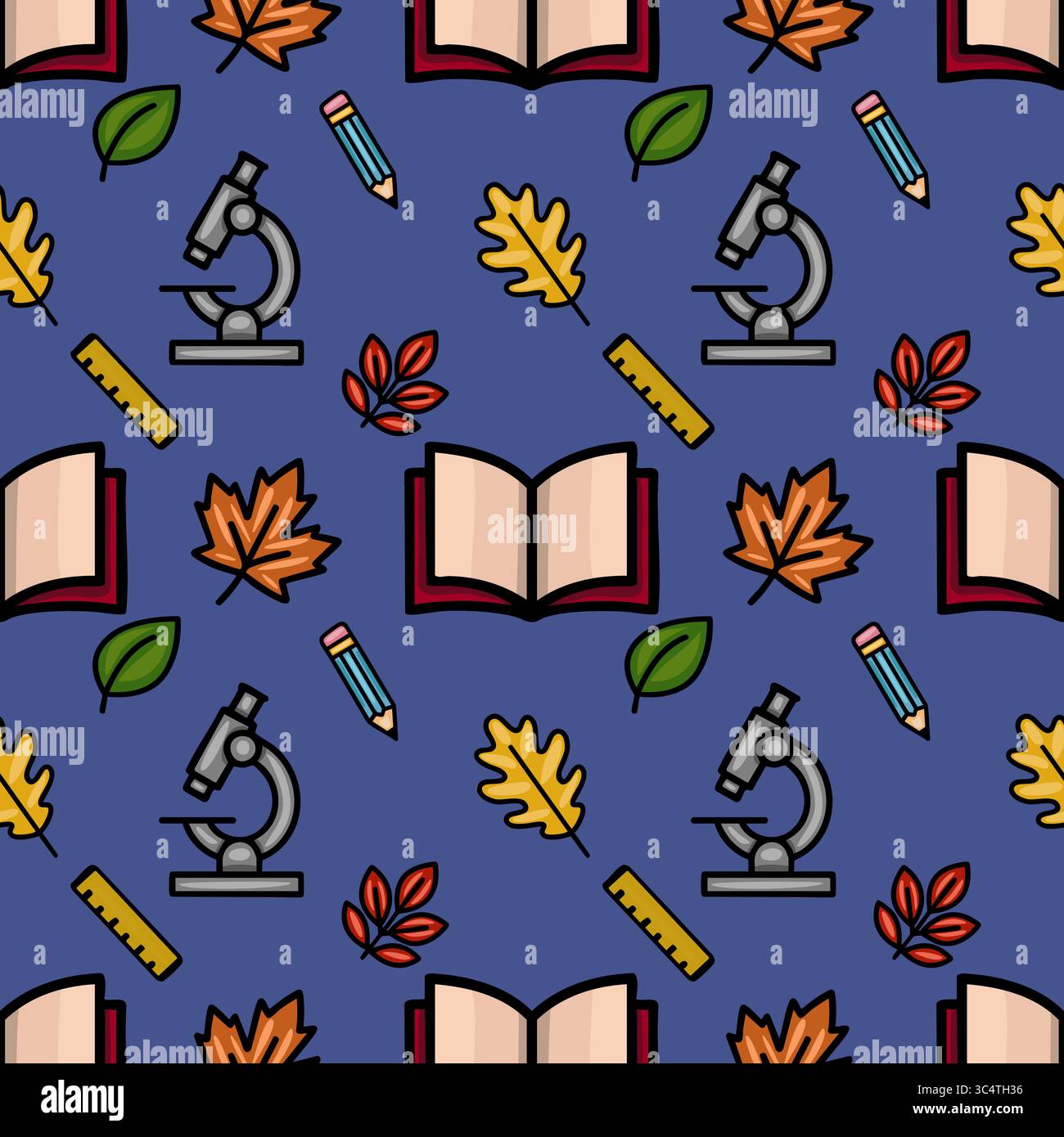 Ein bezauberndes, nahtloses Vektor-Muster mit Herbstblättern, einem offenen Buch, einem Mikroskop, einem Bleistift und einem Lineal, alles in lebendigen, handgezeichneten s gerendert Stock Vektor
