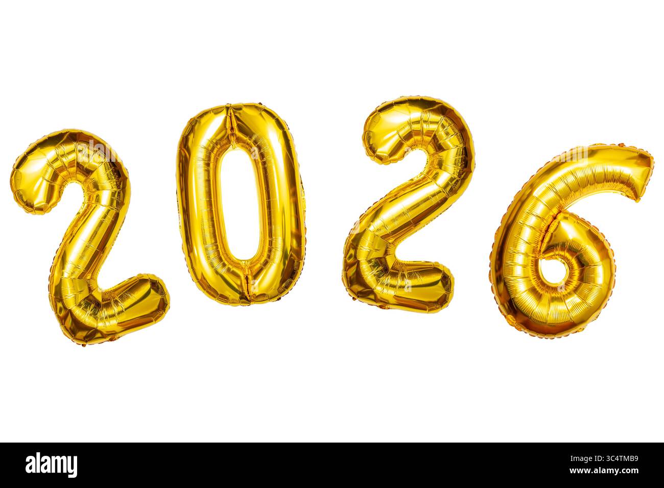 Neujahrsfeier 2026. Goldene Blechballons, 2026 Nummern isoliert, weißer Hintergrund. Stockfoto