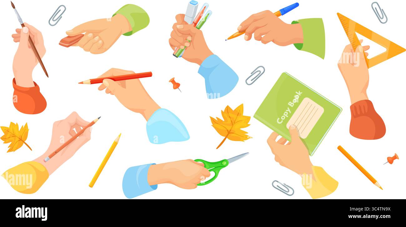 Hände halten Schulmaterial. Hand halten Stift, Bleistift Büro Schreiben Werkzeug verschiedene Schreibwaren Versorgung in Arm Kinder Hausaufgaben zurück zur Schule Zeichnen Studium Werkzeuge Set, saubere Vektor Illustration Original Kunstwerk Stock Vektor