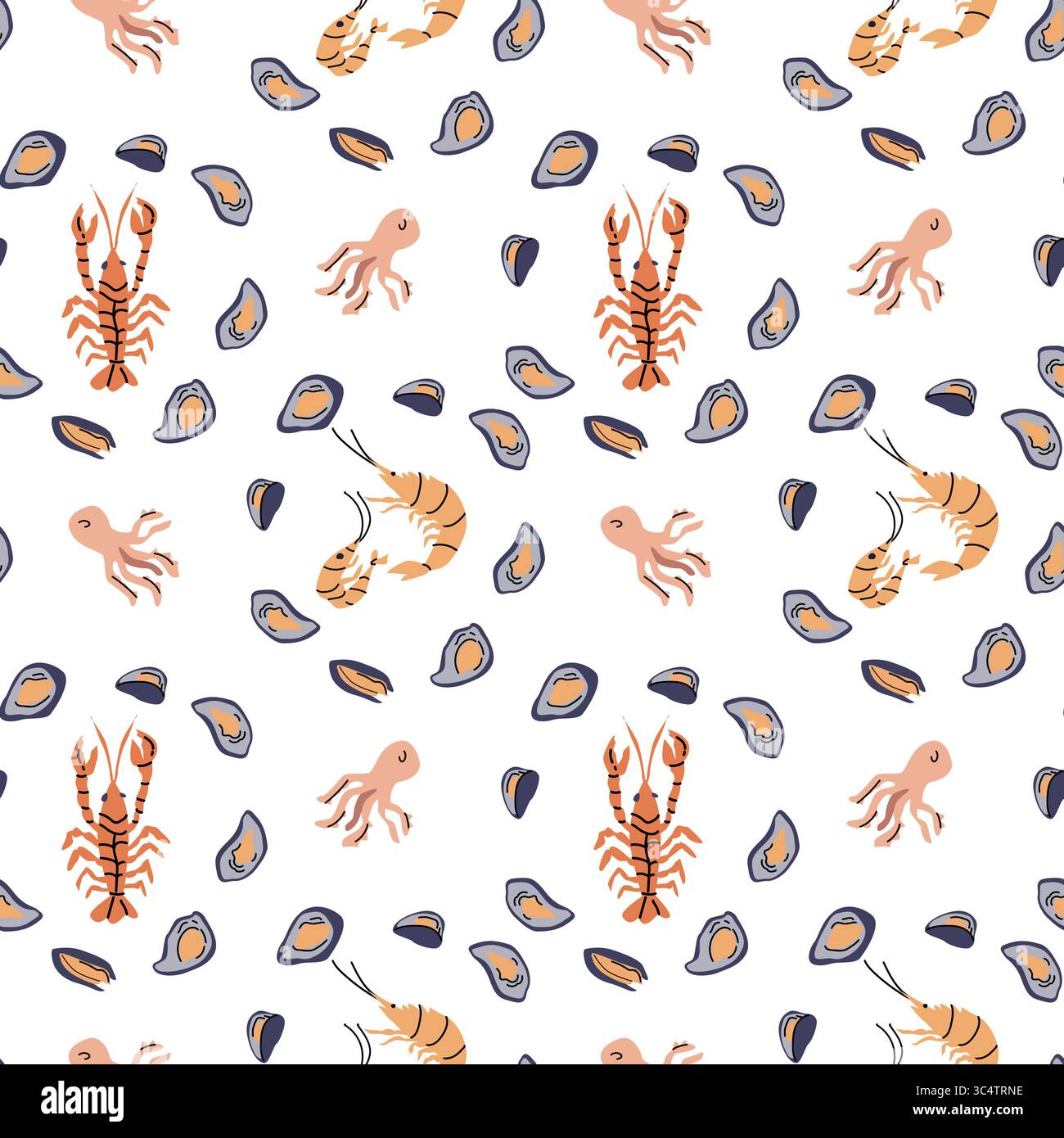 Farbenfrohe Meeresfrüchte-Muster mit Hummer, Garnelen, Oktopus und Muscheln auf weißem Hintergrund. Stock Vektor