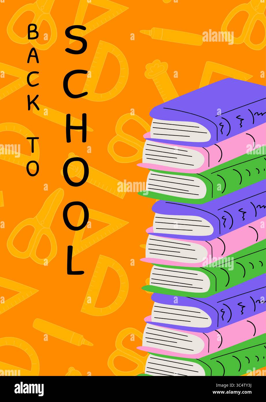 Farbenfrohes Back-to-School-Design mit gestapelten Büchern und Schreibwaren auf orangem Hintergrund. Pädagogisches Poster für den Schulbeginn mit Büchern und Schulartikeln Stock Vektor