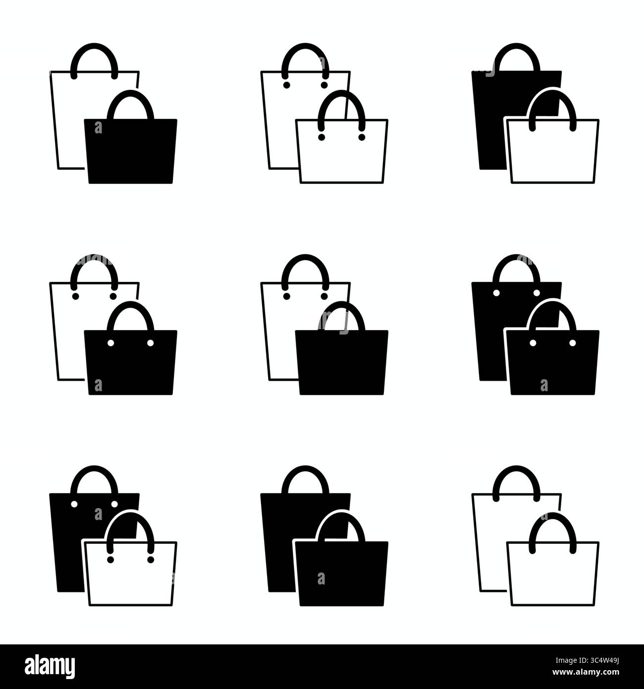 Illustrationsset mit Einkaufs- und Geschenktüten in Schwarz-weiß, ideal für Einzelhandel, E-Commerce und Branding-Design-Projekte. Stockfoto