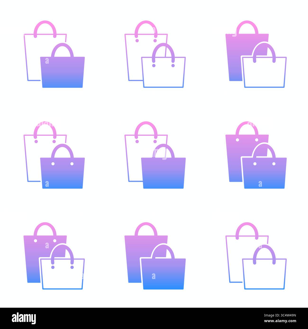 Illustrationsset mit Einkaufs- und Geschenktüten in Schwarz-weiß, ideal für Einzelhandel, E-Commerce und Branding-Design-Projekte. Stockfoto