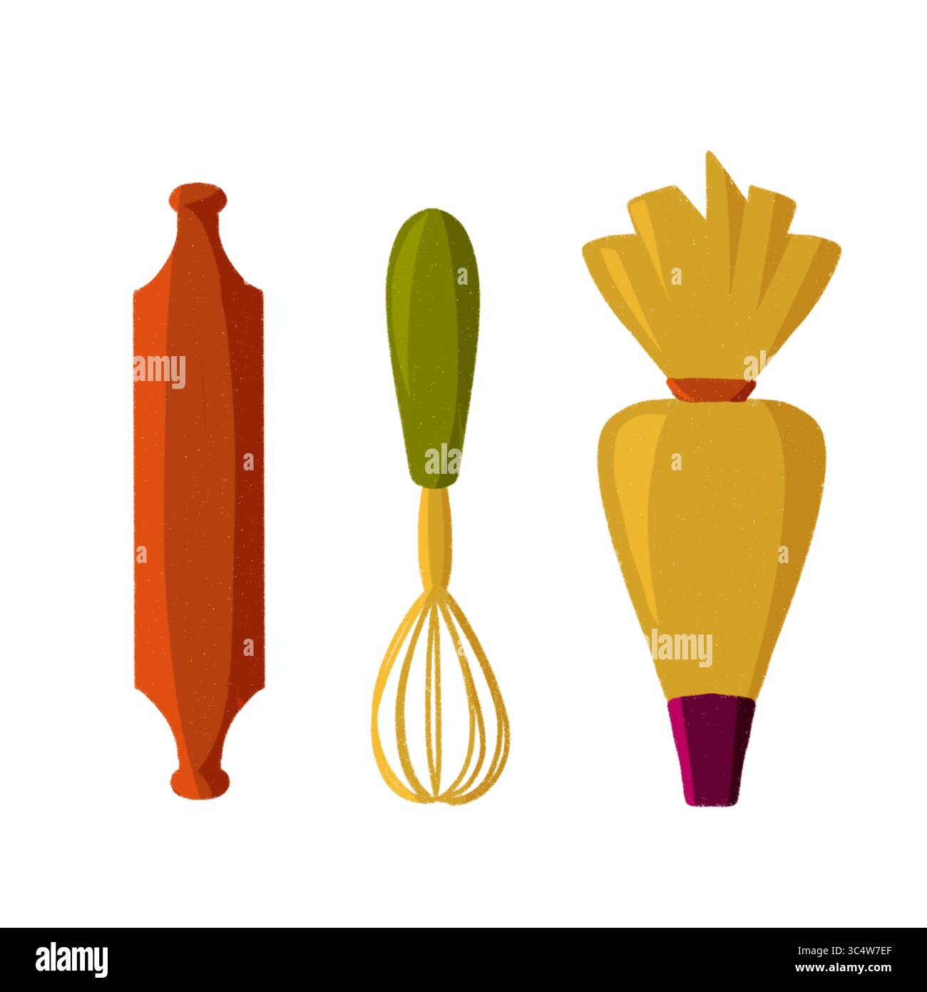 Farbenfrohe flache Illustration von Küchenutensilien und Kochutensilien einschließlich Schneebesen, Spachtel und Backzubehör Stockfoto