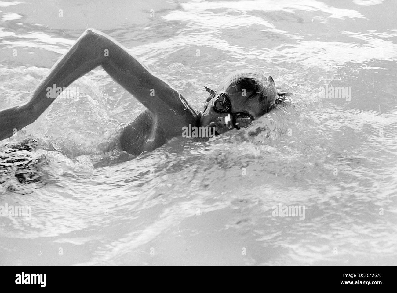 Schwimmer schwimmt mit einem Krabbelschlag Whizgle News, Dutch Desk, Niederlande, 1950-2000 Ein junger Schwimmer gleitet durch das Wasser, trägt eine Brille und konzentriert sich auf seinen Schlag, wodurch sich Wellen um sie herum bilden. Stockfoto