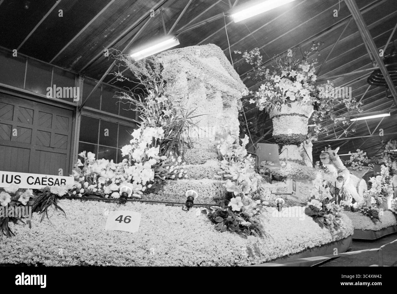 Parade schwimmt in einem Saal, 00-04-1989 Whizgle News, Dutch Desk, Niederlande, 1950-2000 Ein wunderschön gefertigter Wagen mit einem raffinierten Blumendesign, mit klassischer Struktur und einer großen Auswahl an Blumen, die unter dem Namen „Julius Caesar“ bekannt sind. Die Ausstellung zeigt komplizierte Details und Kunstfertigkeit und lenkt die Aufmerksamkeit auf ihre Kreativität und lebendige Komposition. Stockfoto