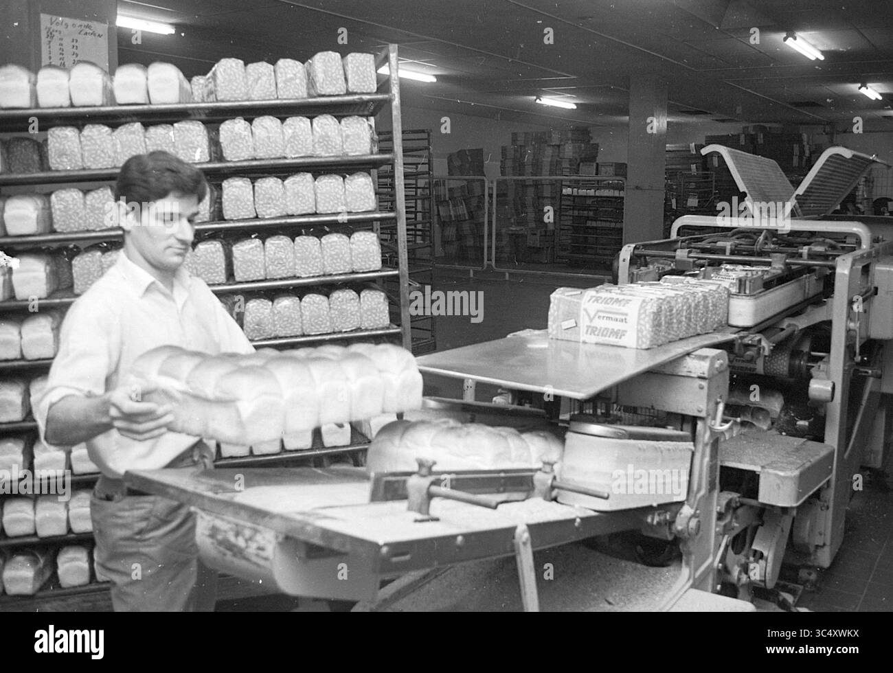 Verpackungsmaschine Vermaat, Vermaat, Haarlem, Paul Krugerkade, Niederlande, 11-12-1967 Whizgle News, Dutch Desk, Niederlande, 1950-2000 Ein Arbeiter verwaltet gekonnt frisch gebackene Brotlaibe aus einem Fördersystem, umgeben von Regalen mit verpackten Waren in einer geschäftigen Industriebäckerei. Stockfoto