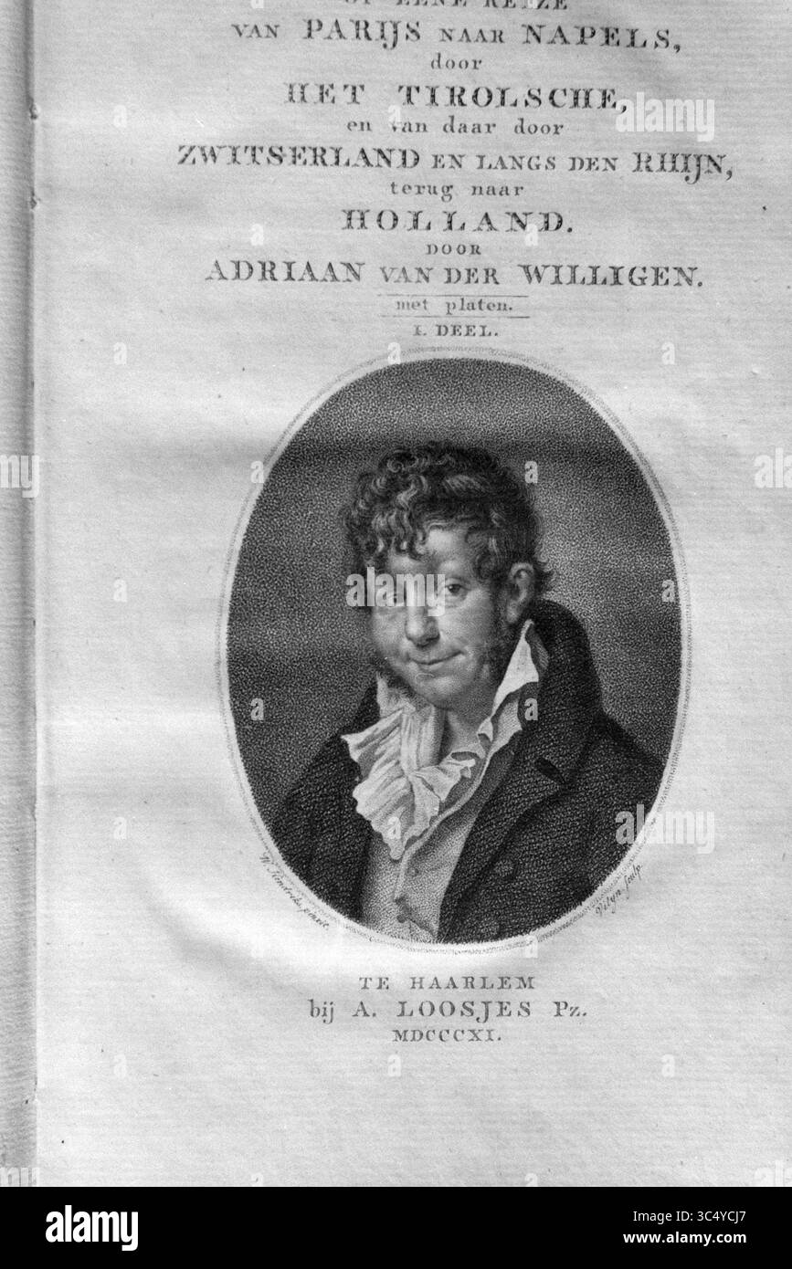 Div., Haarlem Library, Haarlem, Niederlande, 12-05-1996 Whizgle News, Dutch Desk, Niederlande, 1950-2000 Ein Porträt eines Gentleman mit verspieltem Ausdruck, gekleidet in einem hohen Mantel, mit einer Inschrift, die auf Reisen von Paris nach Neapel hinweist, und Verweise auf verschiedene Orte, einschließlich der Schweiz und Holland. Das Stück enthält auch den Namen des Künstlers und das Jahr der Veröffentlichung. Stockfoto