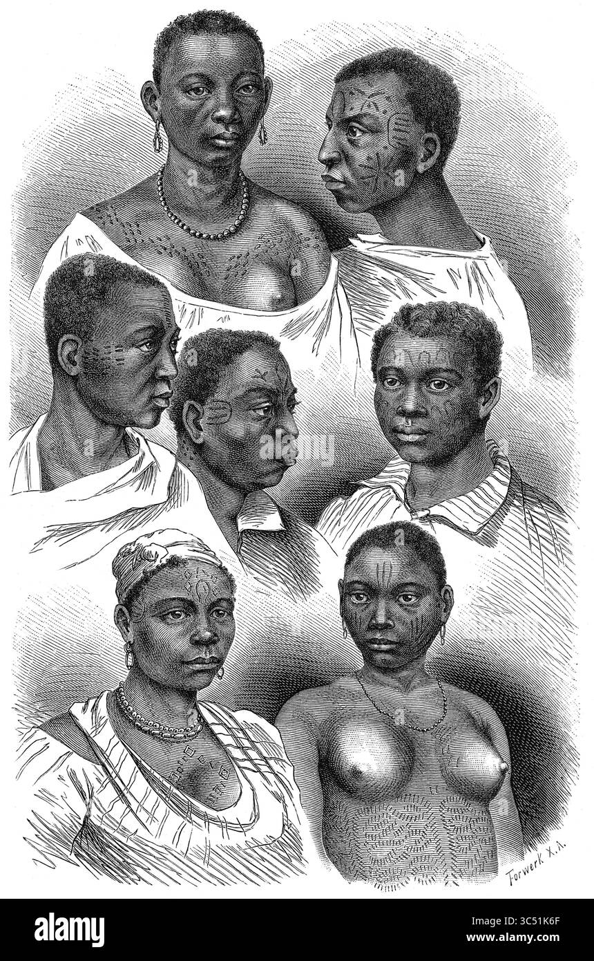 18. November 2014, Deutschland: Kleidung, Ornamentierung und Tattoos, Afrika, Illustration nach Handzeichnungen von Rugendas, aus dem Buch „Volkerkunde“ von Dr. Friedrich Ratzel, Bibliographisches Institut, Leipzig, 1885 (Credit Image: © JT Vintage/Glasshouse Via ZUMA Wire) Stockfoto