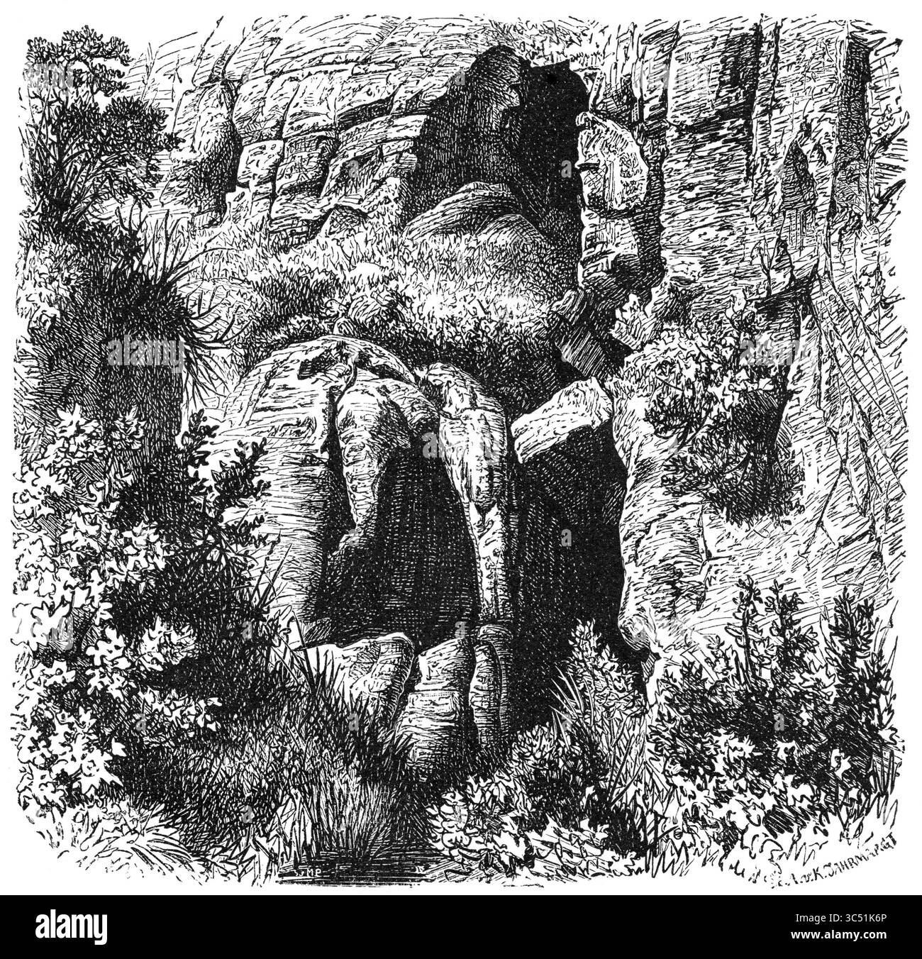 18. November 2014, Deutschland: Buschmänenhöhlen, Freistaaten von Farmerâ, Illustration aus dem Buch „Volkerkunde“ von Dr. Friedrich Ratzel, Bibliographisches Institut, Leipzig, 1885 (Credit Image: © JT Vintage/Glasshouse Via ZUMA Wire) Stockfoto