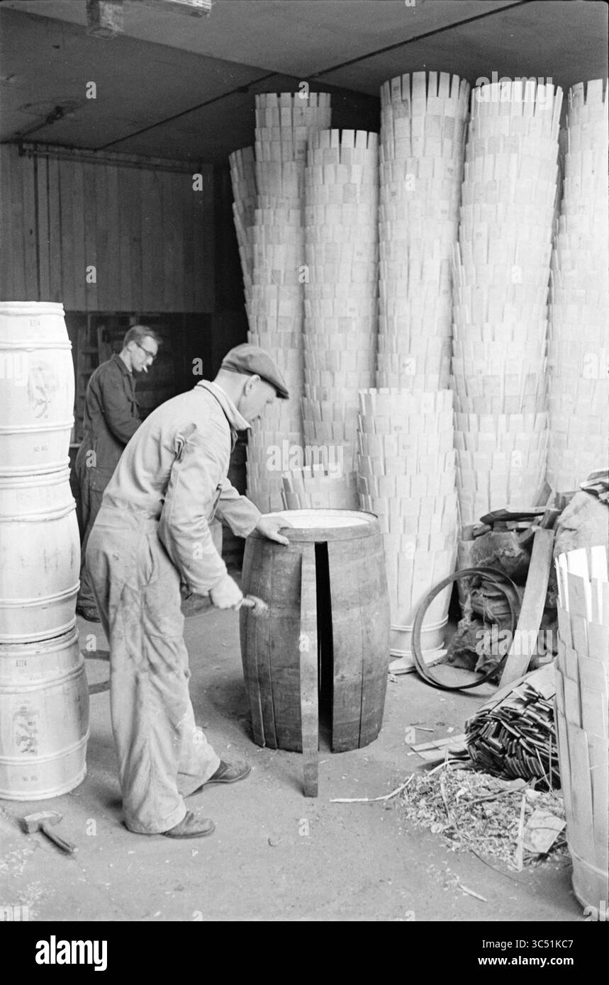 Barrels Whizgle News, Dutch Desk, Niederlande, 1950-2000 Ein Handwerker formt in einer Werkstatt, die mit Stangen und Werkzeugen gefüllt ist, sorgfältig ein Holzfass, während ein anderer Arbeiter im Hintergrund beobachtet. Stockfoto