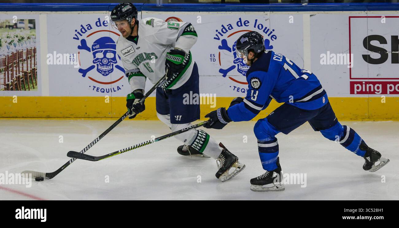 Florida Everblades Forward Cam Maclise (15) verteidigt den Puck, den Jacksonville Icemen Linksflügel Emerson Clark (13) während der ersten Phase eines ECHL-Profihockeyspiels in der Veterans Memorial Arena in Jacksonville, Florida, Mittwoch, 11. Dezember 2019. [Gary Lloyd McCullough/CSM](Guthaben: &Copy; Gary Lloyd McCullough/CSM via ZUMA Wire) Stockfoto