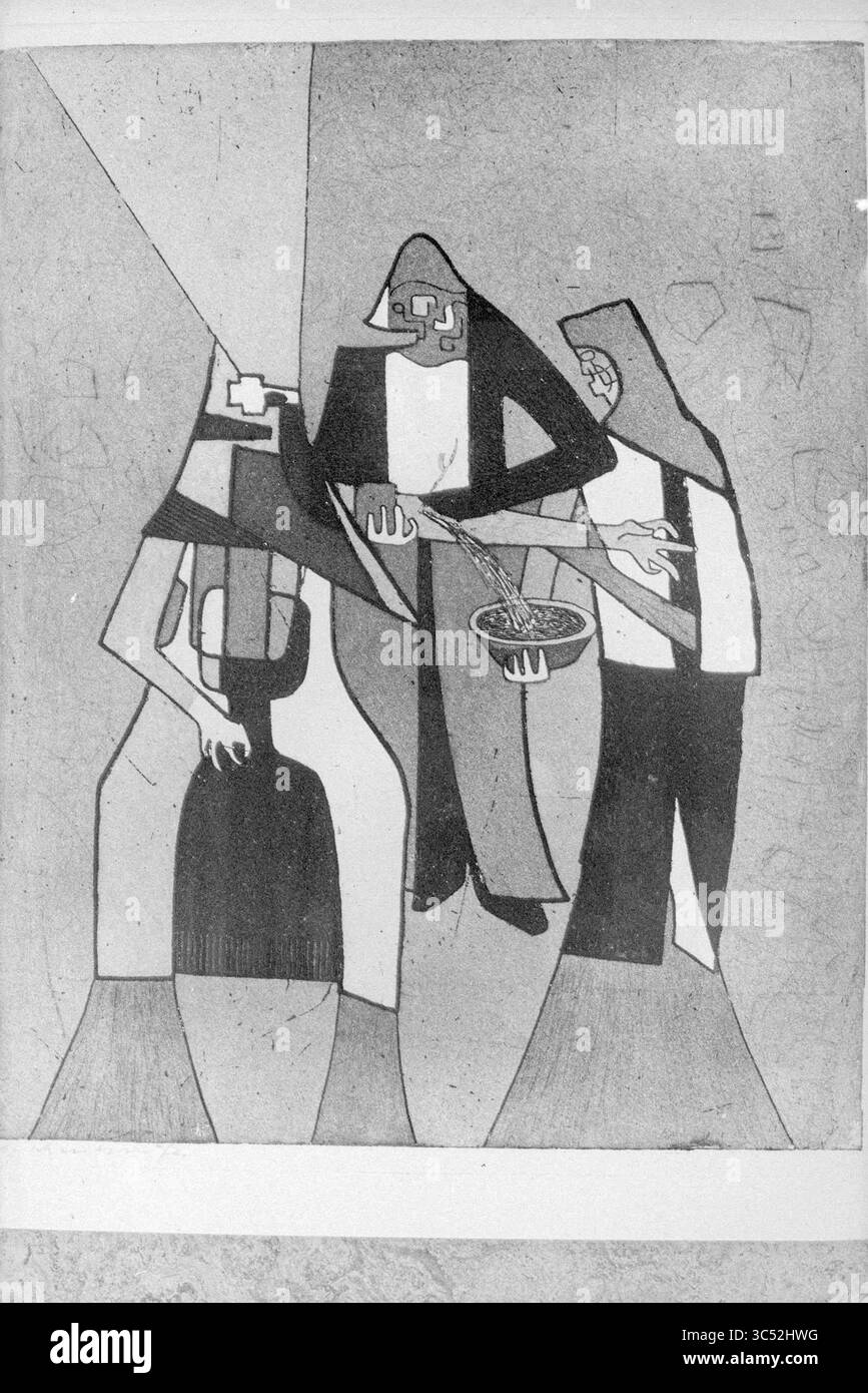 Zeichnung von 3 Figuren Whizgle News, Dutch Desk, Niederlande, 1950-2000 das Kunstwerk stellt zwei Figuren dar, die in einer Mahlzeit zubereiten, charakterisiert durch abstrakte Formen und geometrische Formen. Eine Figur hält eine Schüssel, während die andere scheinbar Lebensmittel serviert oder mischt. Die Komposition betont Verbundenheit und Zusammenarbeit, vor einem strukturierten Hintergrund, der die allgemeine Stimmung von Gemeinschaft und Nahrung verbessert. Stockfoto